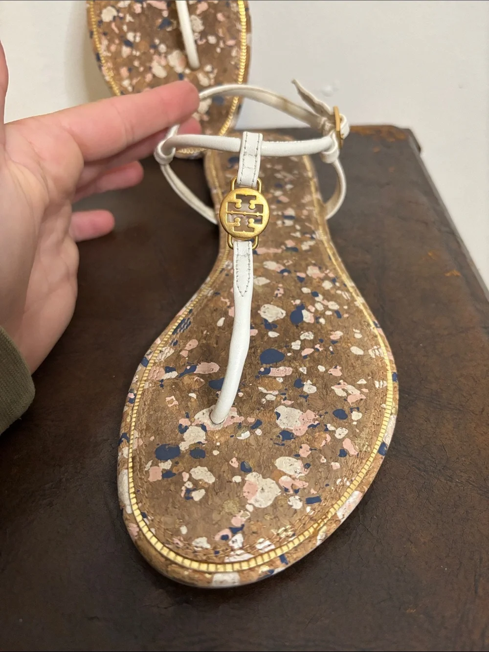Tory Burch White Cork-Pattern T-Strap Sandals with Gold Accents